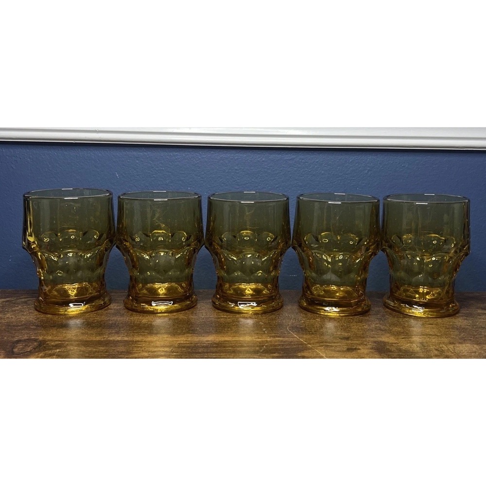 Set of 5 Vintage Anchor Hocking Georgian Honeycomb Amber Drinking Glasses 4 1/4"